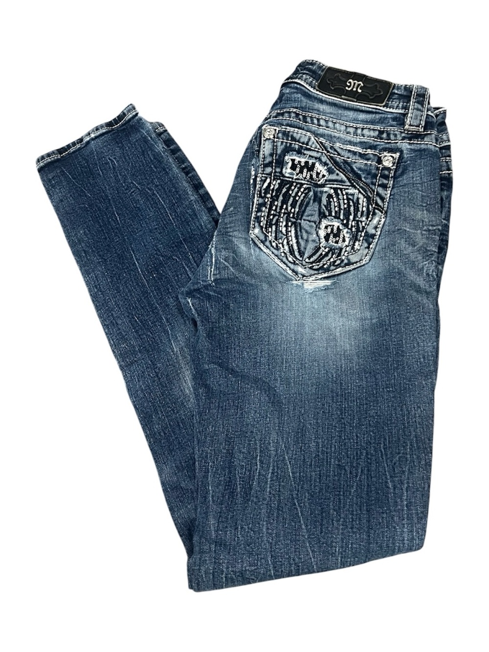 Miss Me Women's Blue Capri Jeans Size 27 Feather Cross Embroidery - Y2K